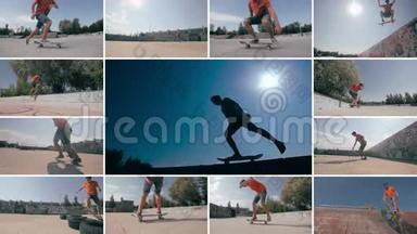 滑板手在日落时玩把戏。 运动<strong>多屏</strong>幕背景。